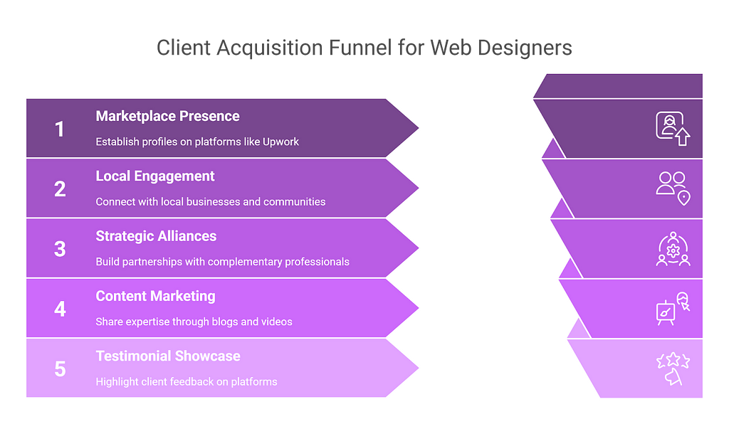 5-stage Client Acquisition Funnel for Web Designers: 1. Marketplace Presence, 2. Local Engagement, 3. Strategic Alliances, 4. Content Marketing, 5. Testimonial Showcase, with corresponding icons.