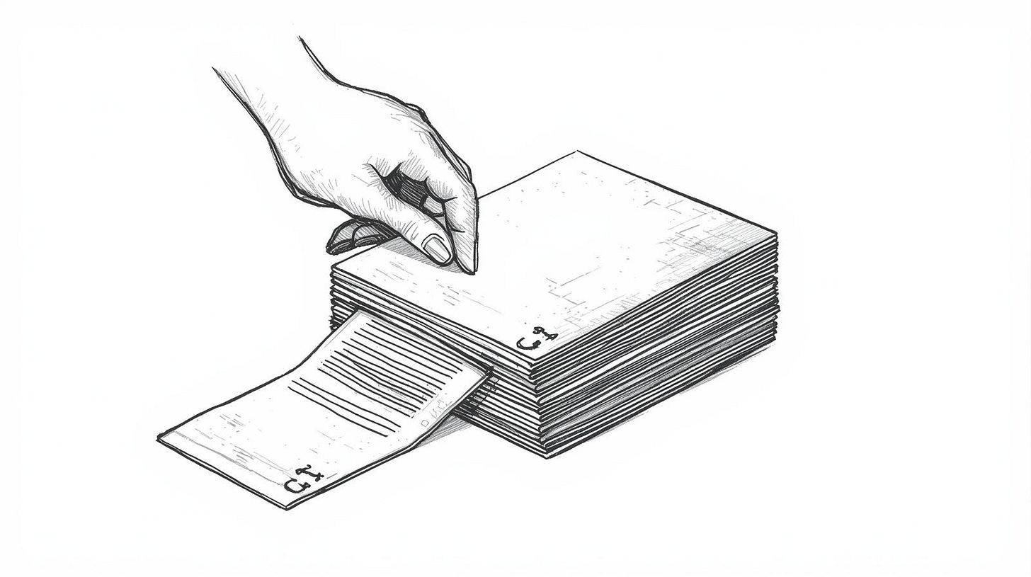 Stack of identical copy-pasted resumes with one being pulled from the pile