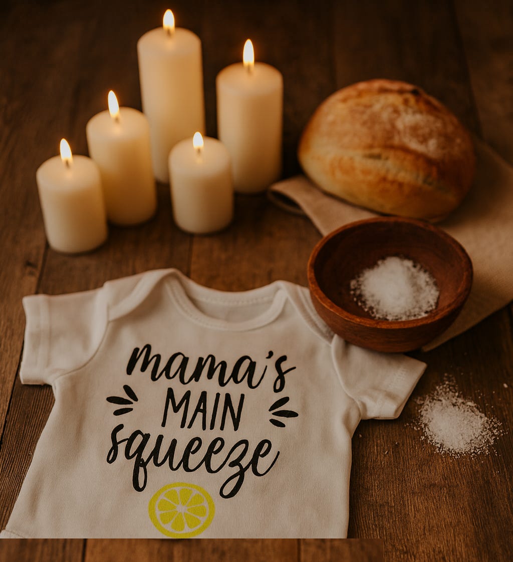 A flat lay of a ritual-like scene on a wooden floor. A small white baby onesie printed with the phrase “mama’s main squeeze” and a lemon graphic is placed in the foreground. Beside it are a wooden bowl with coarse salt, a rustic loaf of bread, and five lit pillar candles arranged in a cluster, casting a warm glow over the setup.
