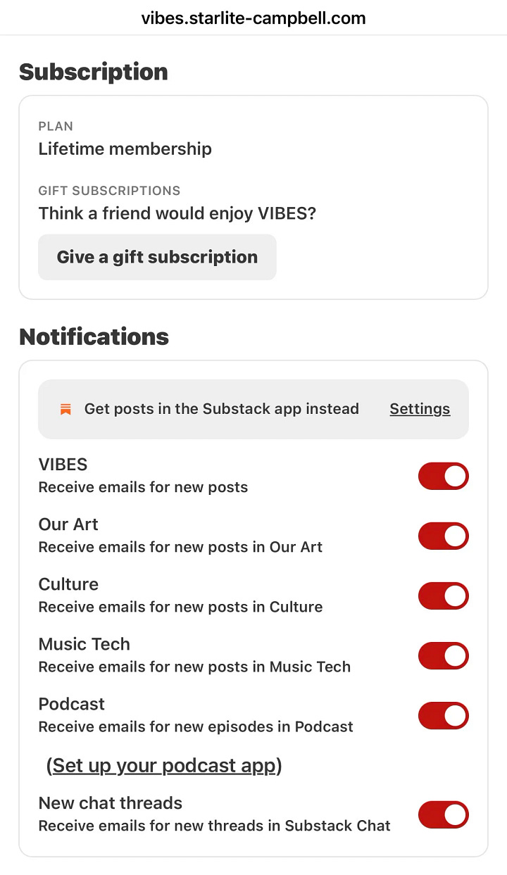 Images of the user settings section of VIBES