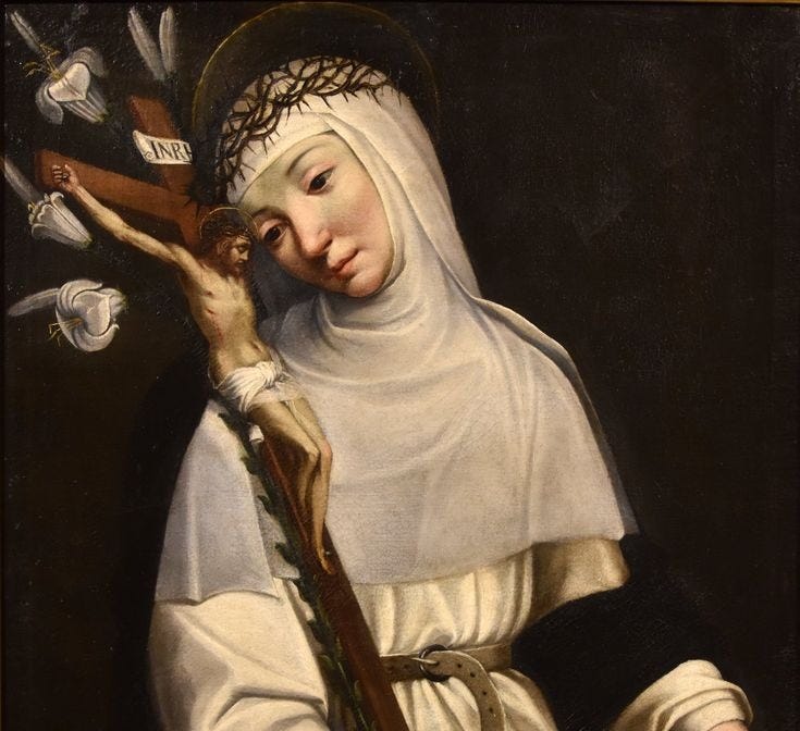 This may contain: a painting of a woman holding a crucifix and a skull in her hands