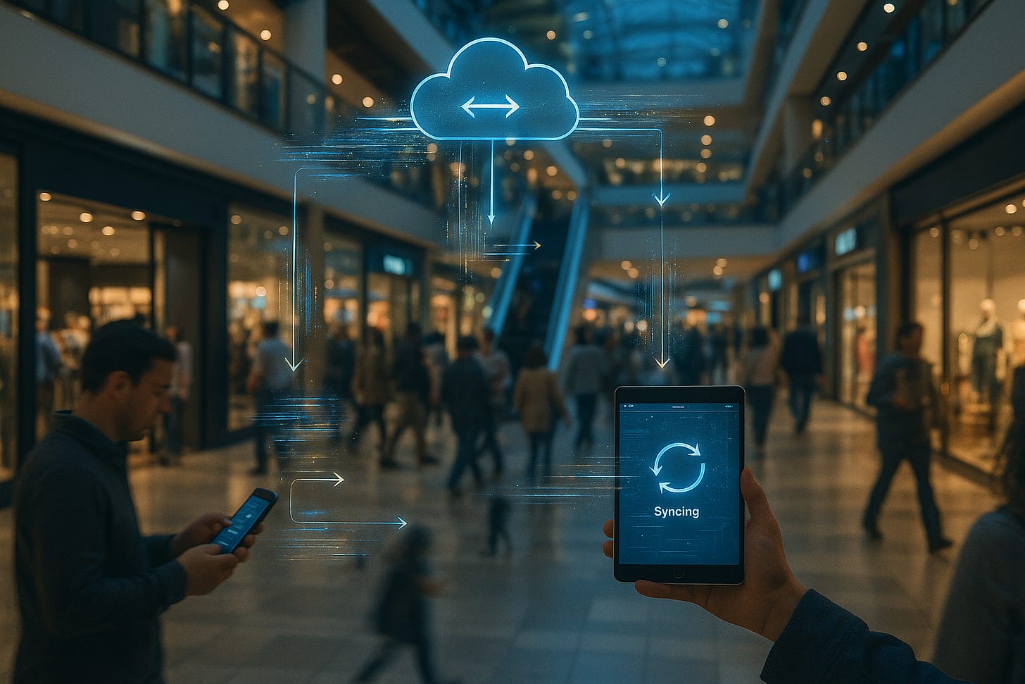 People syncing devices with cloud storage in a busy mall, visualizing real-time data exchange. People syncing devices with cloud storage in a busy mall, visualizing real-time data exchange.