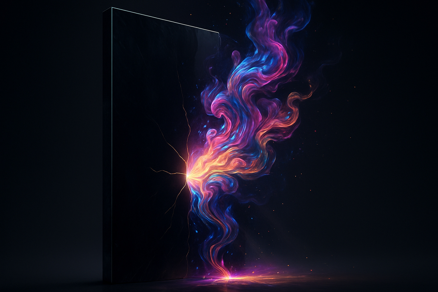 A conceptual image representing creative freedom with AI, showing abstract digital light patterns emerging from a central, clean, technological core.