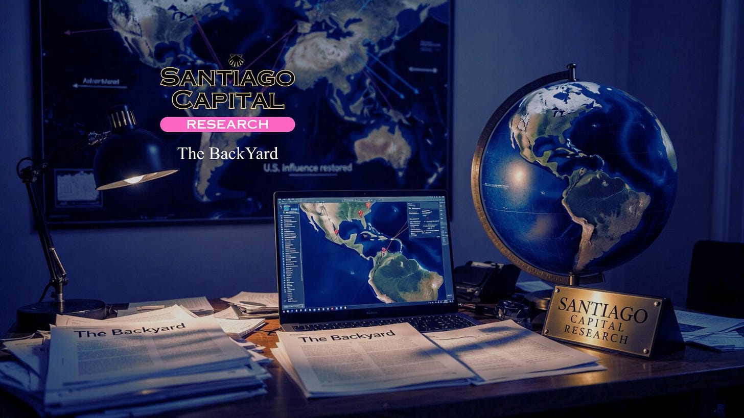 Santiago Capital Research – The BackYard banner: a dimly lit desk with newspapers titled The Backyard, a laptop showing a map of the Americas, a large blue globe, and a Santiago Capital Research nameplate, with a world map on the wall in the background