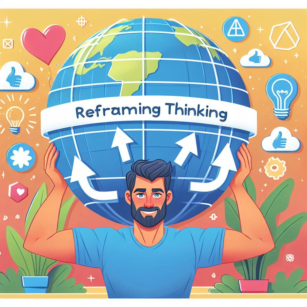 Thumbnail Image a cartoon style image of a white guy with the weight of the world on his shoulders trying to get out from under it by being positive, with a theme of reframing thinking