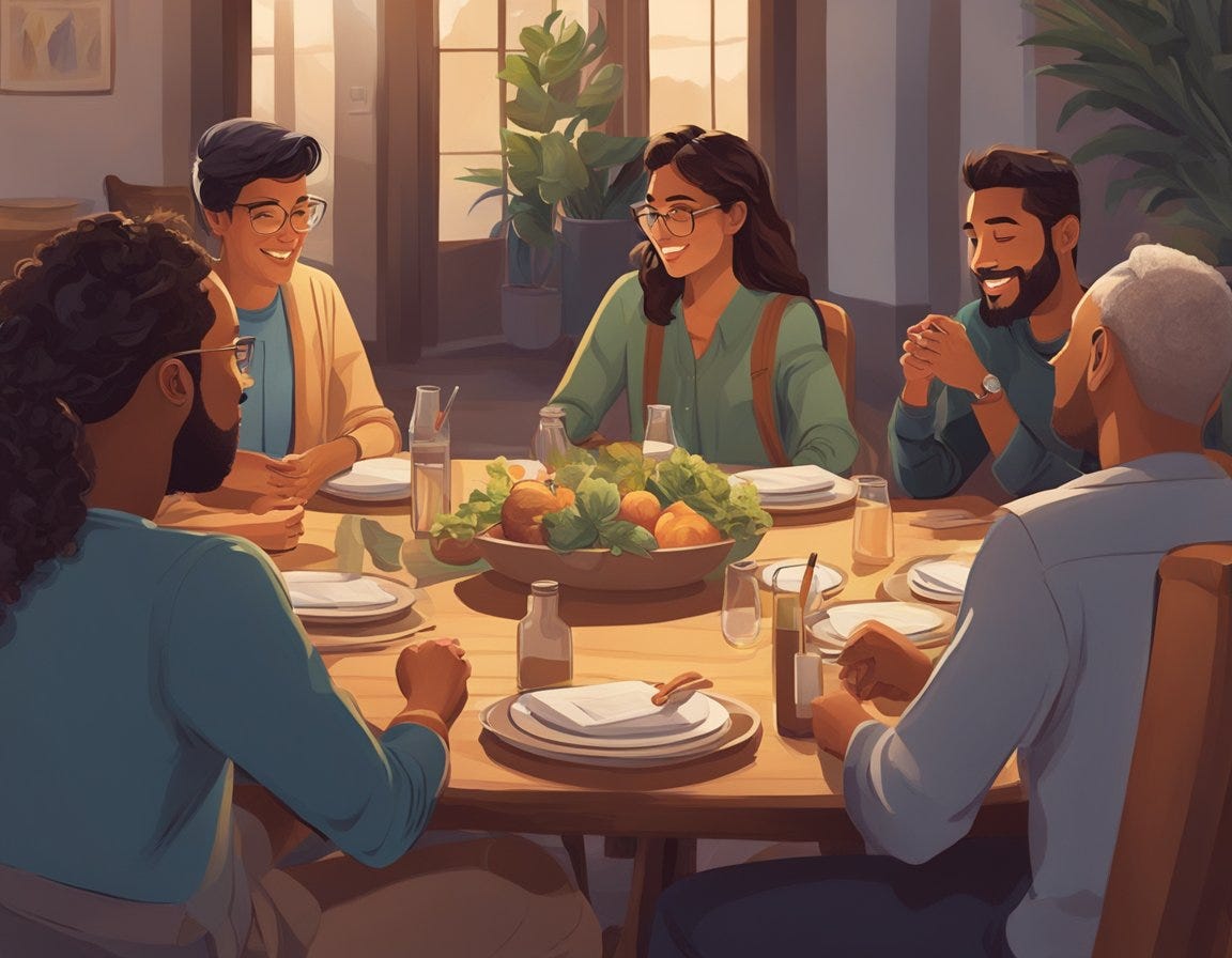 A group of people gather around a table, engaging in deep conversation and sharing their faith with one another. The atmosphere is warm and inviting, with a sense of community and support