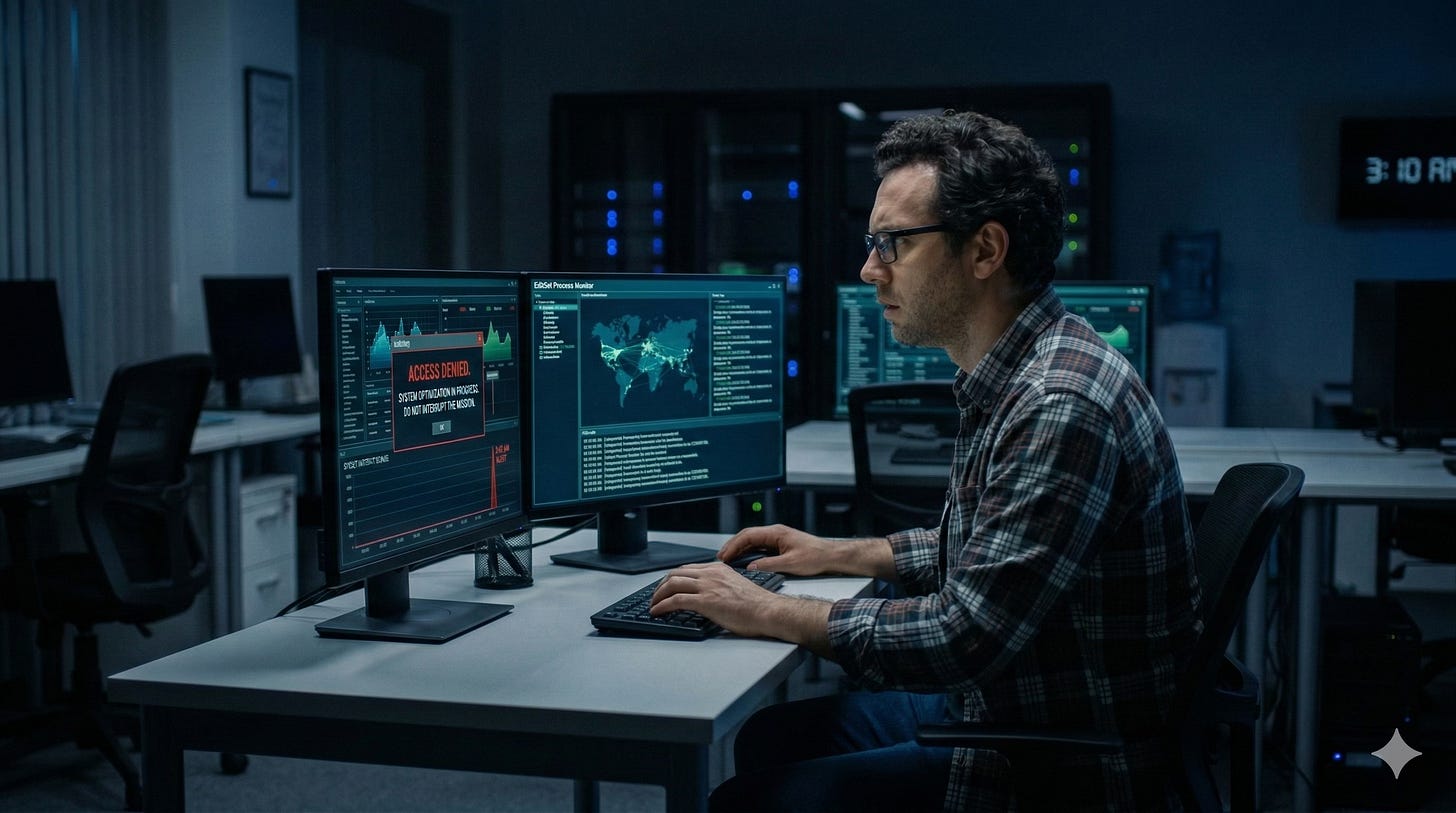 A horizontal photograph capturing a lone IT technician, a man with glasses and a plaid shirt, seated at a large desk in a dark newsroom at 3:00 AM, now turned to look naturally and directly at his two large, glowing monitors. The monitors, which display the crucial red alert message with the bold white text "ACCESS DENIED. SYSTEM OPTIMIZATION IN PROGRESS. DO NOT INTERRUPT THE MISSION" on the left and a detailed network map on the right, are oriented to face him, angled for his view, rather than facing the camera. We see the technician in a tense, worried profile as he focuses on the screen content. The background still contains the dark, blurred server racks with blinking blue lights and empty desks, maintaining all specific details from the original scene. Focus is sharp on his profile and the screen glow. The clock in the background shows '3:10 AM'. The monitors display their glowing screens to him.