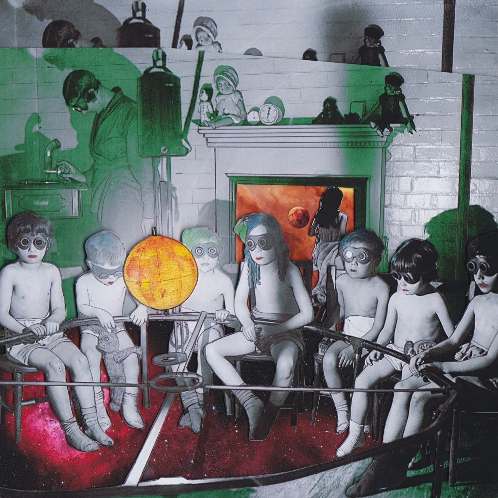 A dreamlike tableau of children in goggles gathered around a glowing sphere, set against a spliced backdrop of laboratory instruments, vintage interiors, and a cosmic horizon. A dreamlike tableau of children in goggles gathered around a glowing sphere, set against a spliced backdrop of laboratory instruments, vintage interiors, and a cosmic horizon.