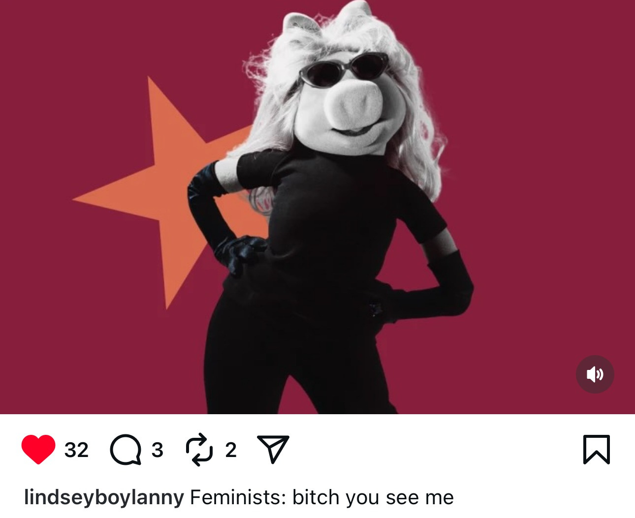 Photo of Miss Piggy in sunglasses with hands on her hips in all black with a star in the background. Caption is from lindsseyboylanny on instagram and says "Feminists: bitch you see me"