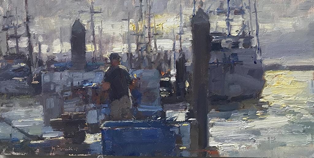 A painting of a person standing in a harbor

Description automatically generated
