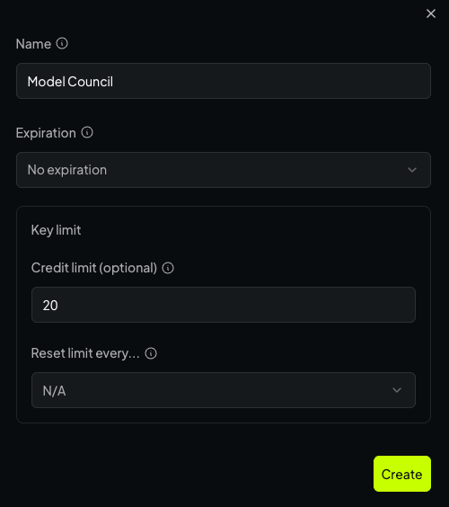 OpenRouter API key setup for ModelCouncil with no expiration and a $20 credit limit