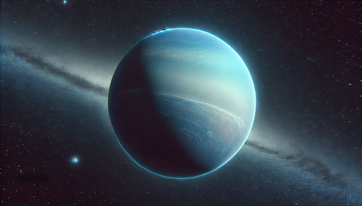 AI-generated image of the planet Uranus spinning in deep space