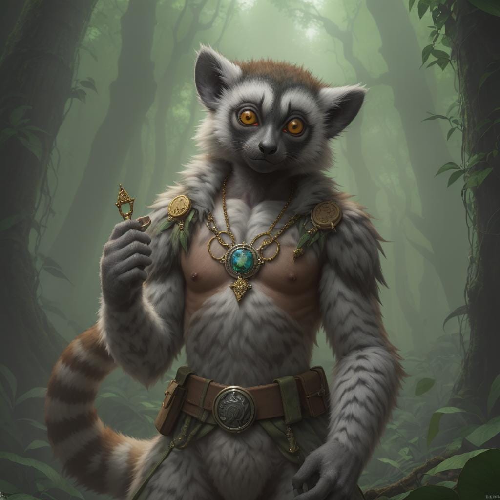 In a fantasy forest, a lemur has an amulet strapped to its chest. In a fantasy forest, a lemur has an amulet strapped to its chest.