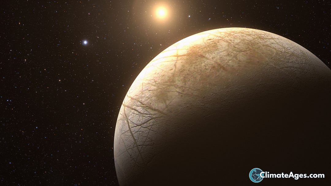 Digital illustration of a cold, rocky exoplanet with an ice-covered, fractured surface, partially illuminated by its star against a dark, star-filled sky.
