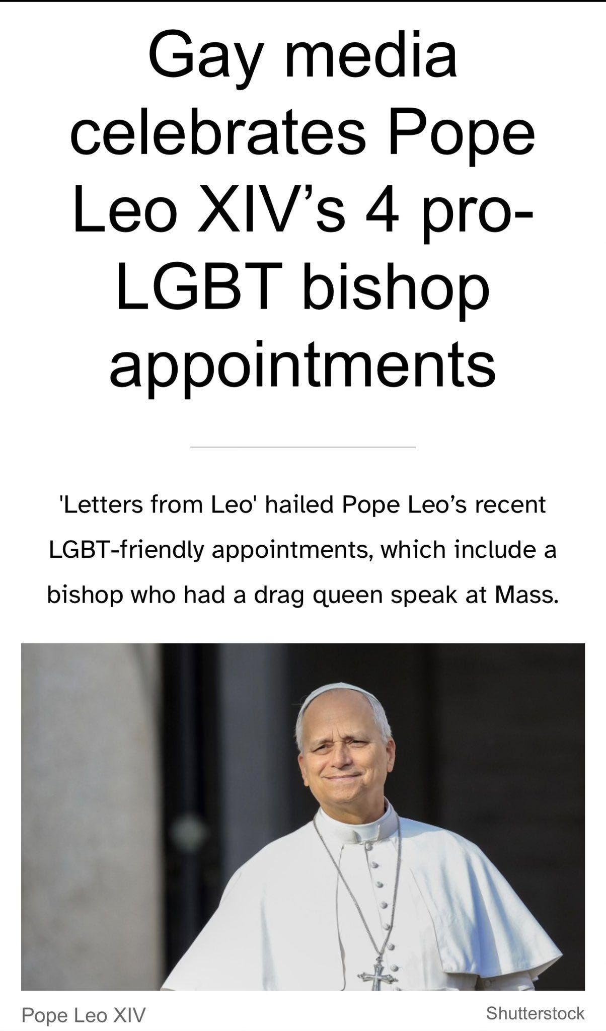 LifeSiteNews headline: Gay media celebrates Pope Leo XIV’s 4 pro-LGBT bishop appointments