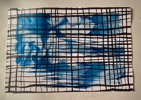 three drawings - a spiral on craft paper, a grid of lines over a cyanotype, intersecting curved lines with coloured shapes