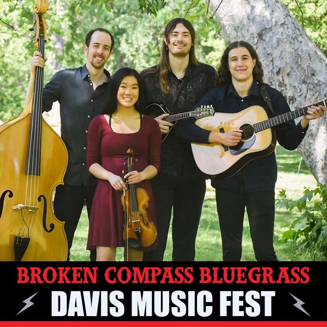 May be an image of 4 people, violin and text that says 'BROKEN COMPASS BLUEGRA ASS 3 DAVIS MUSIC FEST'