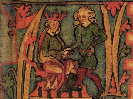 Title: Illuminated scene of King Harald receiving the kingdom from his father in the 14th-century manuscript Flateyjarbók - Description: Illuminated scene of King Harald receiving the kingdom from his father in the 14th-century manuscript Flateyjarbók Title: Illuminated scene of King Harald receiving the kingdom from his father in the 14th-century manuscript Flateyjarbók - Description: Illuminated scene of King Harald receiving the kingdom from his father in the 14th-century manuscript Flateyjarbók