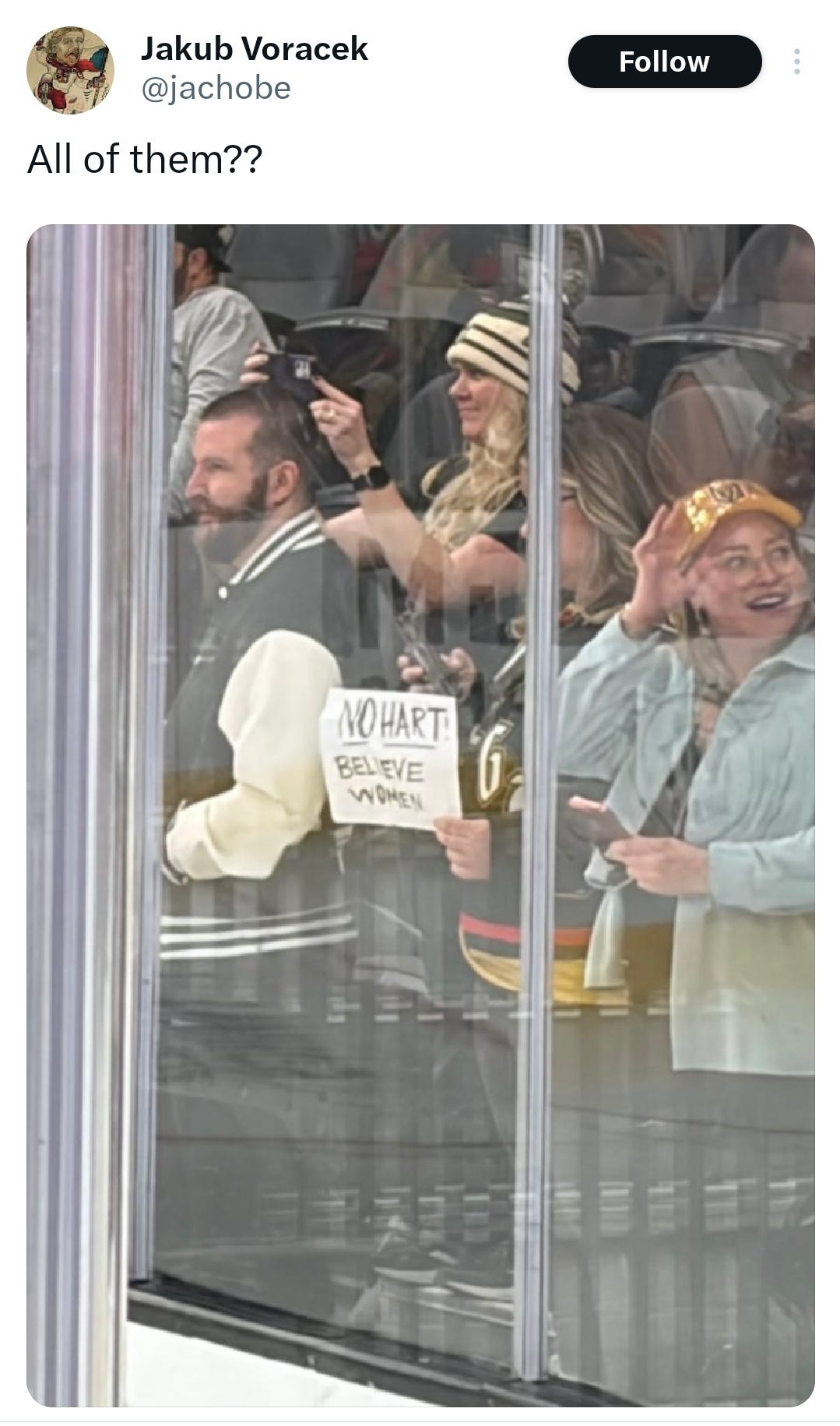 Jakub Voracek on Twitter. It says, "All of them??" in response to a woman holding a sign that says "No Hart: Believe Women" at a game.