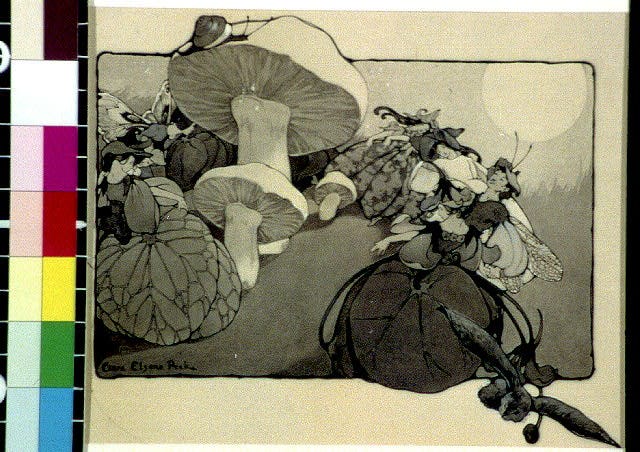 An old print of a mushroom with fairies