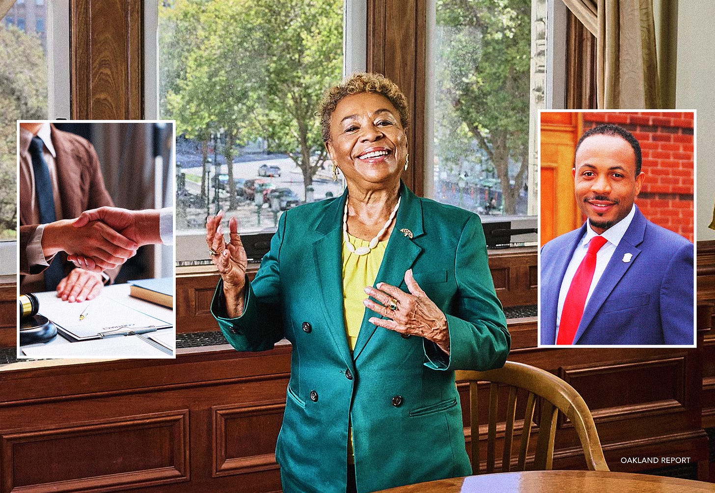 Mayor Barbara Lee poses for a portrait in Oakland city hall in 2025. Inset: former Oakland city administrator Jestin Johnson. (Photo courtesy of Wall Street Journal. Insets: City of Oakland (R); Adobe Stock (L). Montage by Oakland Report) Mayor Barbara Lee poses for a portrait in Oakland city hall in 2025. Inset: former Oakland city administrator Jestin Johnson. (Photo courtesy of Wall Street Journal. Insets: City of Oakland (R); Adobe Stock (L). Montage by Oakland Report)