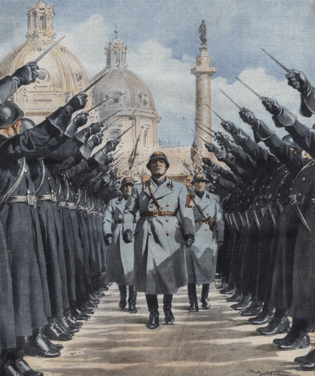 Italian illustration (1937) showing Mussolini walking between Blackshirts.  Artist: Achille Beltrame. : r/PropagandaPosters