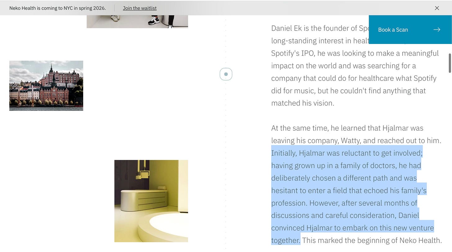 Exhibit 1: Neko Health About page — the founding story in print.