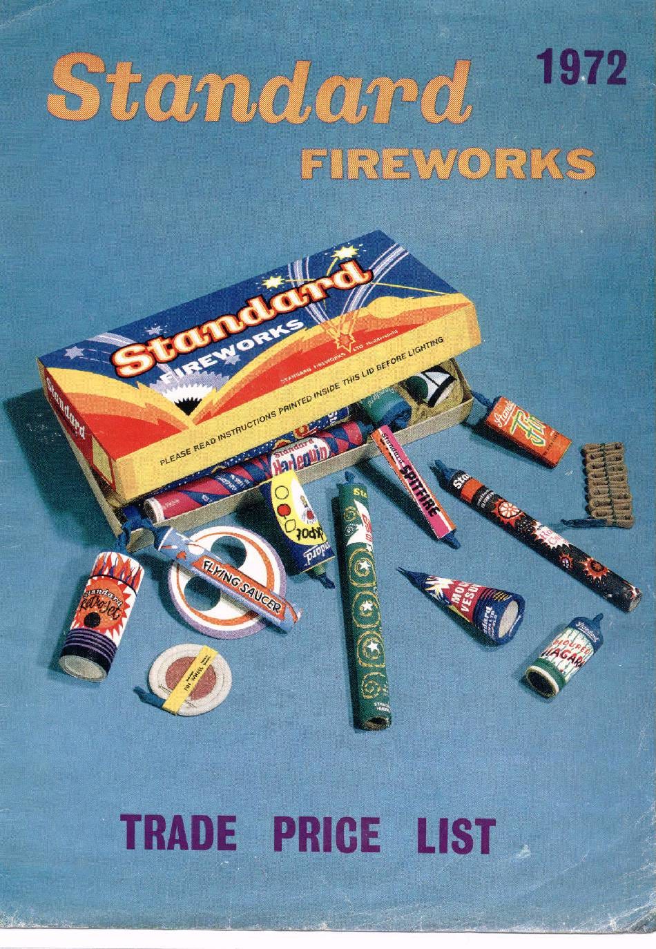Standard Fireworks Advert circa 1972, Via The Firework Museum, Plymouth, England.  Graphic of an open box of fireworks with various items displayed.