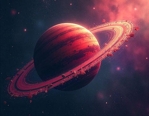 A dark red planet surrounded by a ring of debris