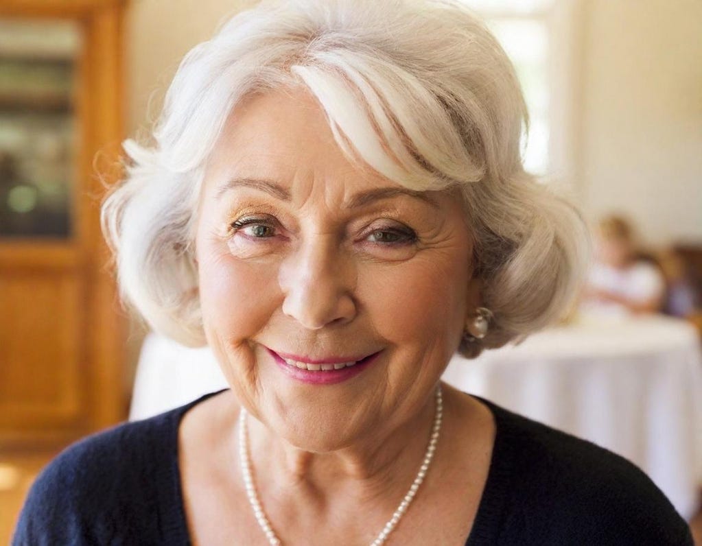 Pleasant-looking 77-year-old white woman with a smile and gray hair. She wears red lipstick, pearl earrings and a pearl necklace. 