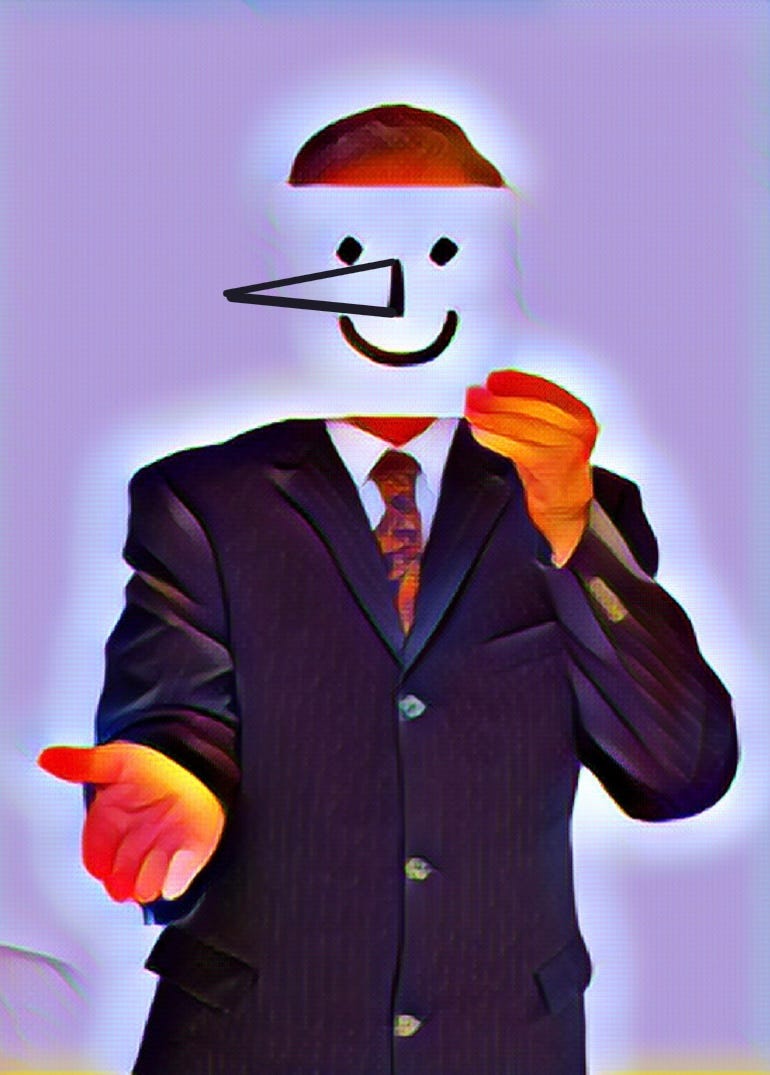 Boss with hand out holding piece of paper with Pinocchio nose over his face.
