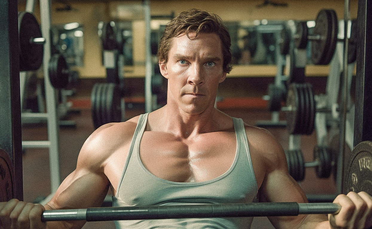 benedict cumberbatch as a bodybuilder bench press in the 1980s, looking at the camera, muscle beach, movie still, editorial quality, --ar 4:2 --v 5