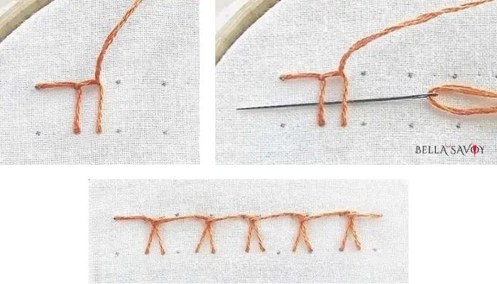 steps for the german knotted blanket stitch with the finished stitch at the bottom