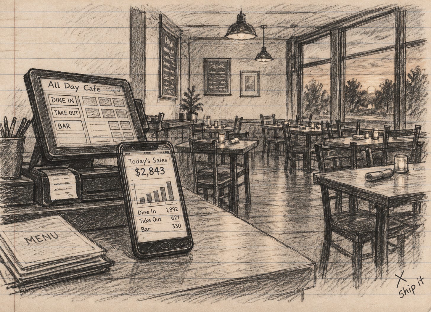 Black-and-white pencil illustration of an empty restaurant dining room, with a point-of-sale terminal and smartphone displaying real-time sales data in the foreground.