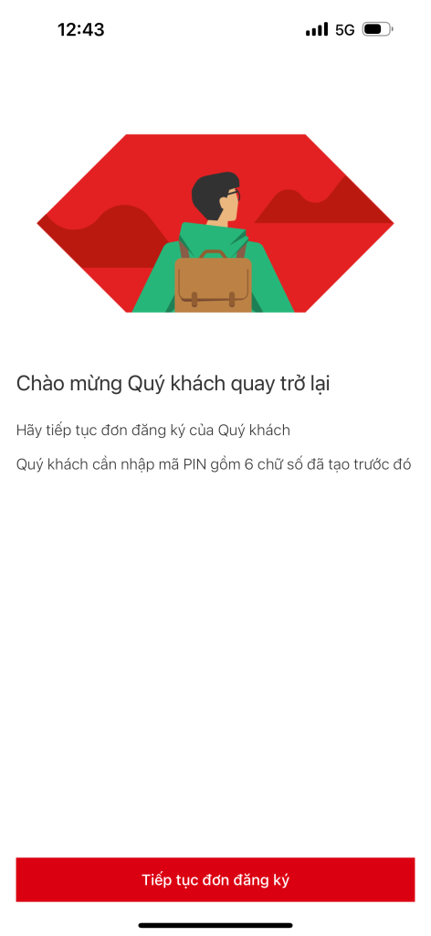 Màn hình app HSBC nhập mã PIN để tiếp tục đơn đăng ký mở tài khoản thanh toán HSBC