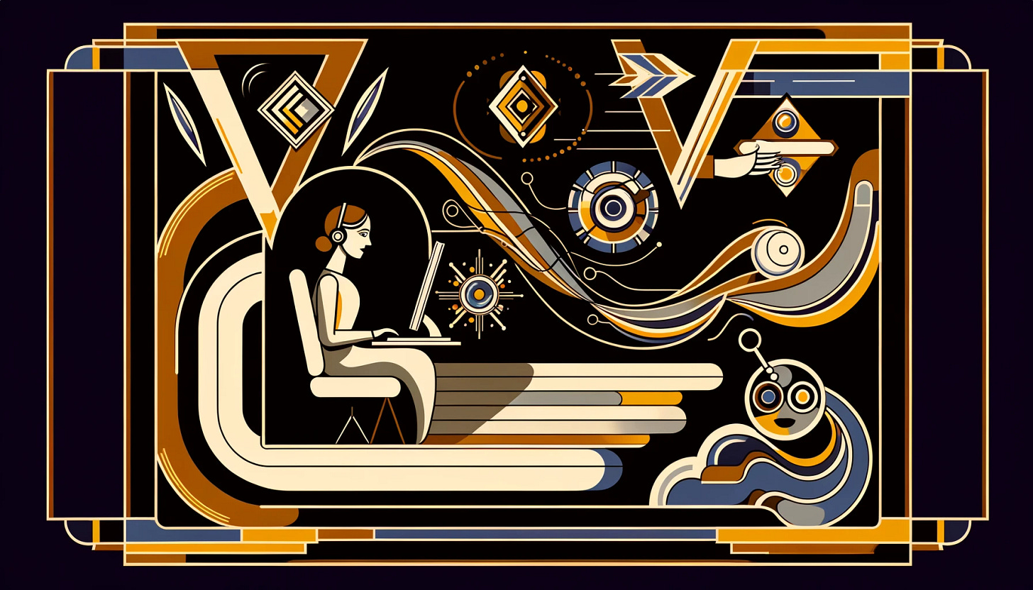 An art-deco style illustration depicting various aspects of using LLMs (large language models) as a working tool. The scene includes a professional working on a computer with a sleek, geometric design, with flowing lines and elegant shapes typical of the art-deco style. Surrounding the professional are symbols representing different uses of LLMs: translation, coding, formal writing, and research. Incorporate elements like a robot assistant helping with tasks, digital text, and abstract representations of data flow. The color palette should include rich, contrasting colors like gold, black, and deep blue to evoke the classic art-deco aesthetic.