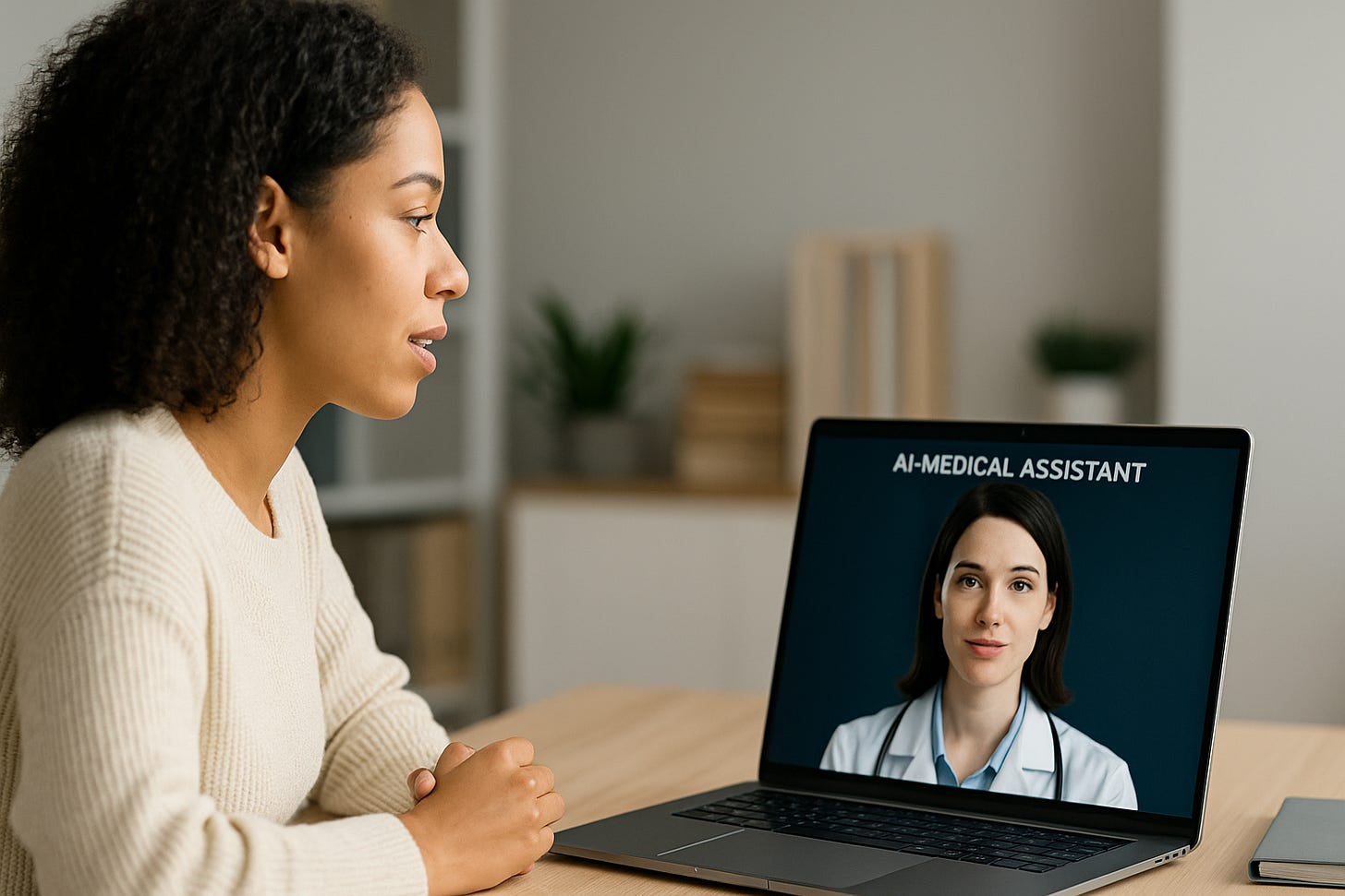 High-resolution photo of a woman speaking to an AI medical assistant via laptop in a modern home office setting. The screen displays a digital avatar labeled “AI-MEDICAL ASSISTANT” wearing a white coat and stethoscope.