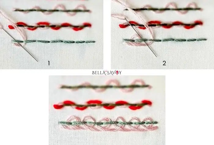 steps for the pekinese stitch and the finished stitch at the bottom