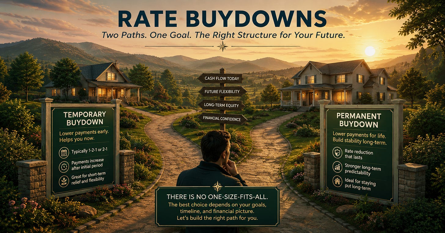 Cinematic illustration comparing temporary and permanent mortgage rate buydown strategies for homebuyers, showing two housing paths representing lower short-term mortgage payments versus long-term payment stability, equity growth, refinancing flexibility, and housing affordability decisions.