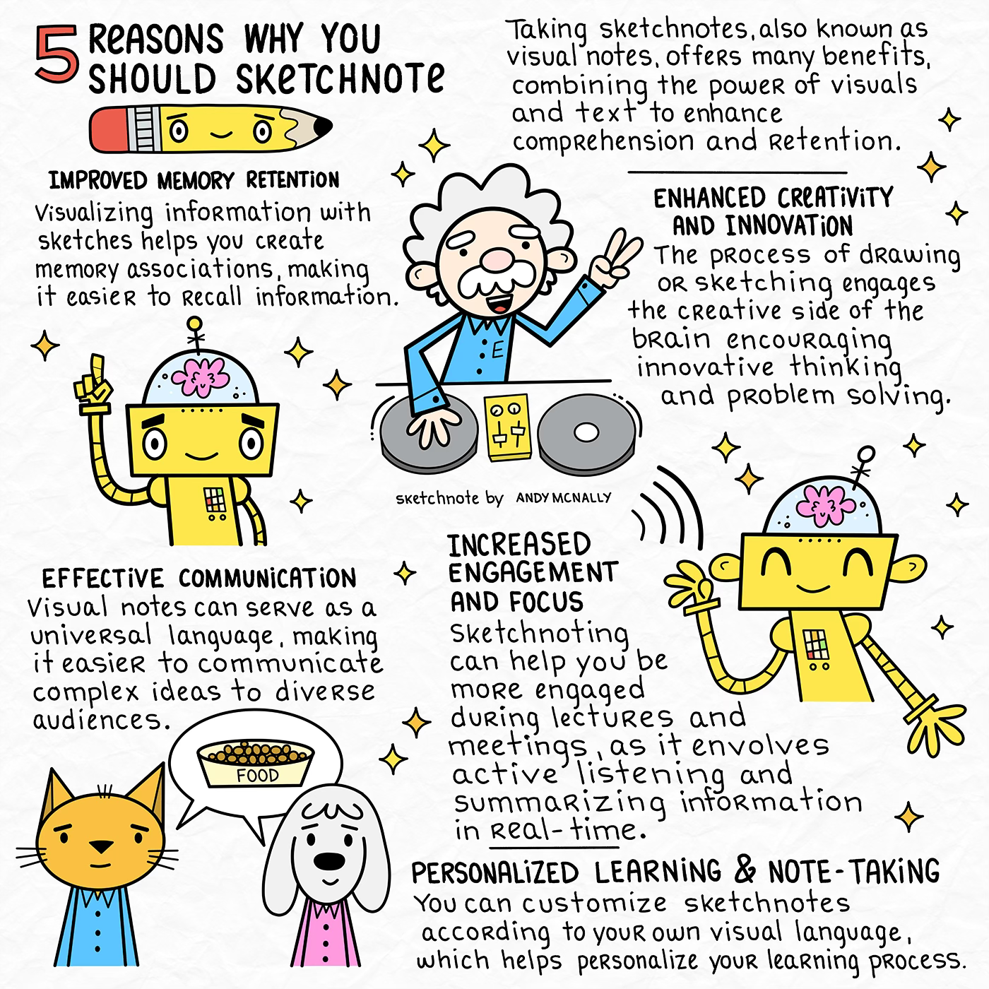 An illustration about 5 reasons why you should take visual notes.