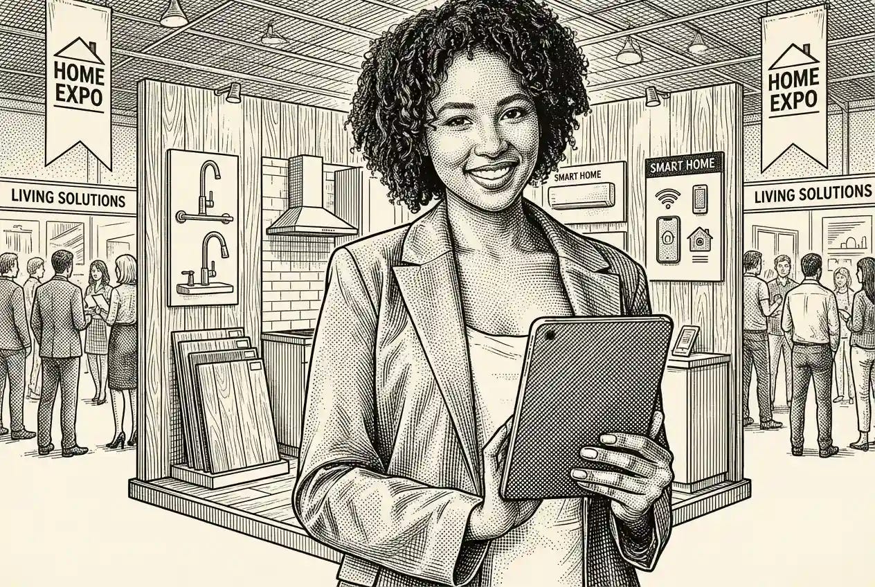 a well prepared home expo exhibitor smiles at the camera a well prepared home expo exhibitor smiles at the camera