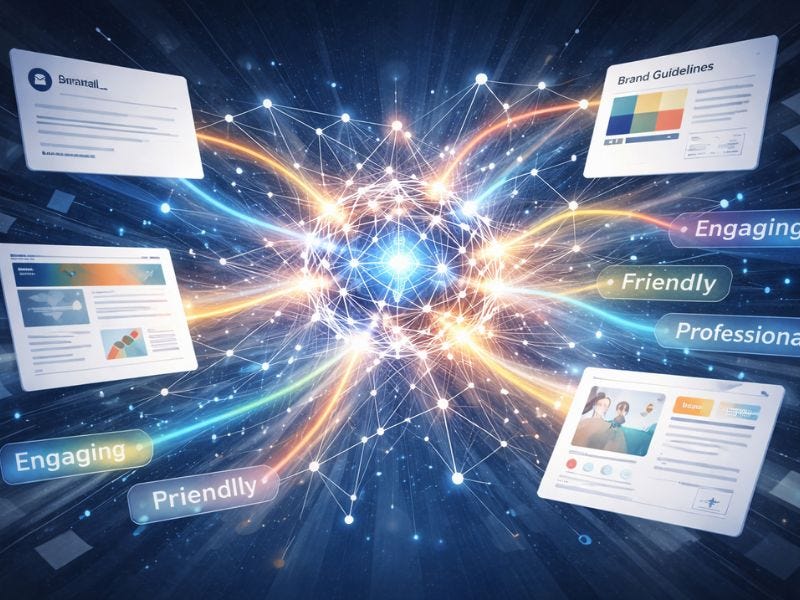Abstract AI neural network processing emails, social posts, web pages, and brand guidelines, with glowing connections representing learned brand voice and patterns.