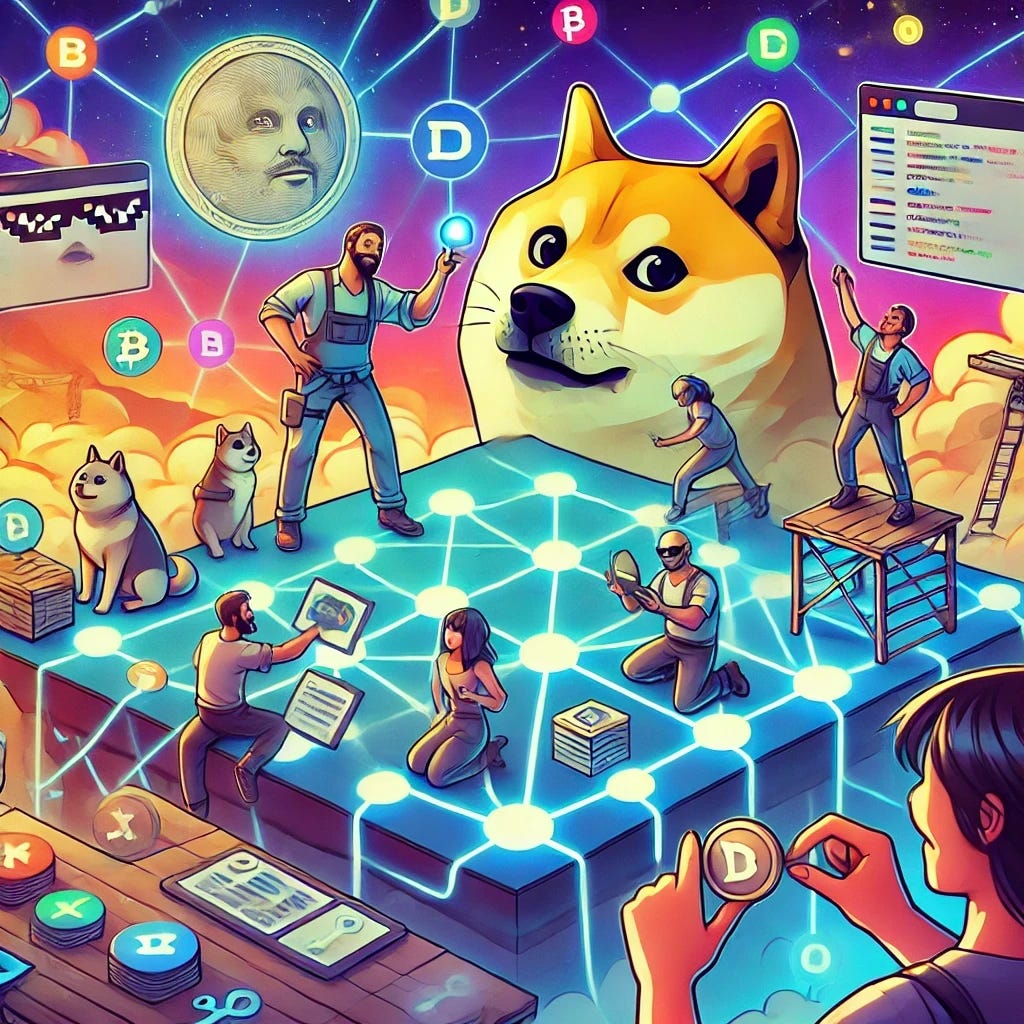A digital illustration showing characters inspired by popular memecoins like Doge and Pepe collaborating to build an open, dynamic platform with interconnected nodes and tools, symbolizing accessibility and creativity. The characters are actively adding and exploring new elements on the platform, representing endless growth and innovation. The background is vibrant and expansive, evoking a sense of collaboration and community-driven progress. No text or symbols included.