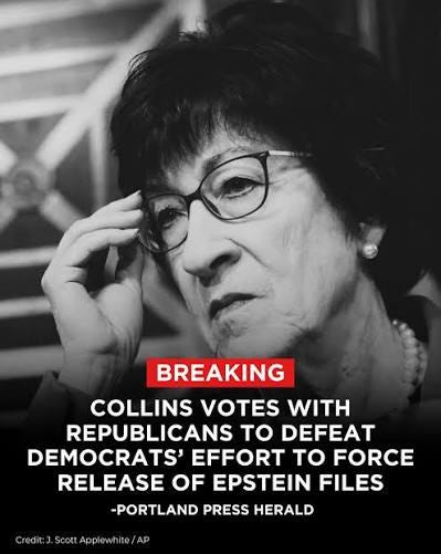 Susan Collins chose to protect Donald Trump instead of standing up for victims and the American people. She once again fell in line with her party bosses and ignored the will of Susan Collins chose to protect Donald Trump instead of standing up for victims and the American people. She once again fell in line with her party bosses and ignored the will of