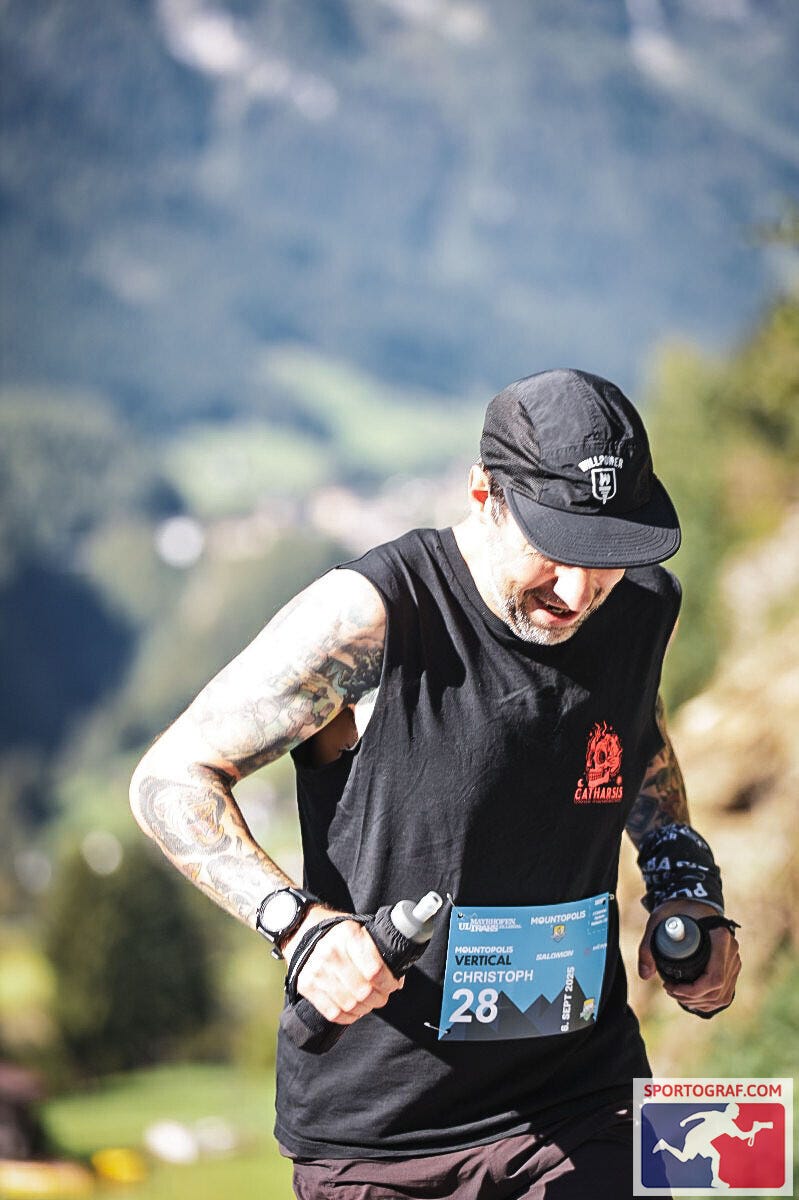 The author running uphill pushing hard