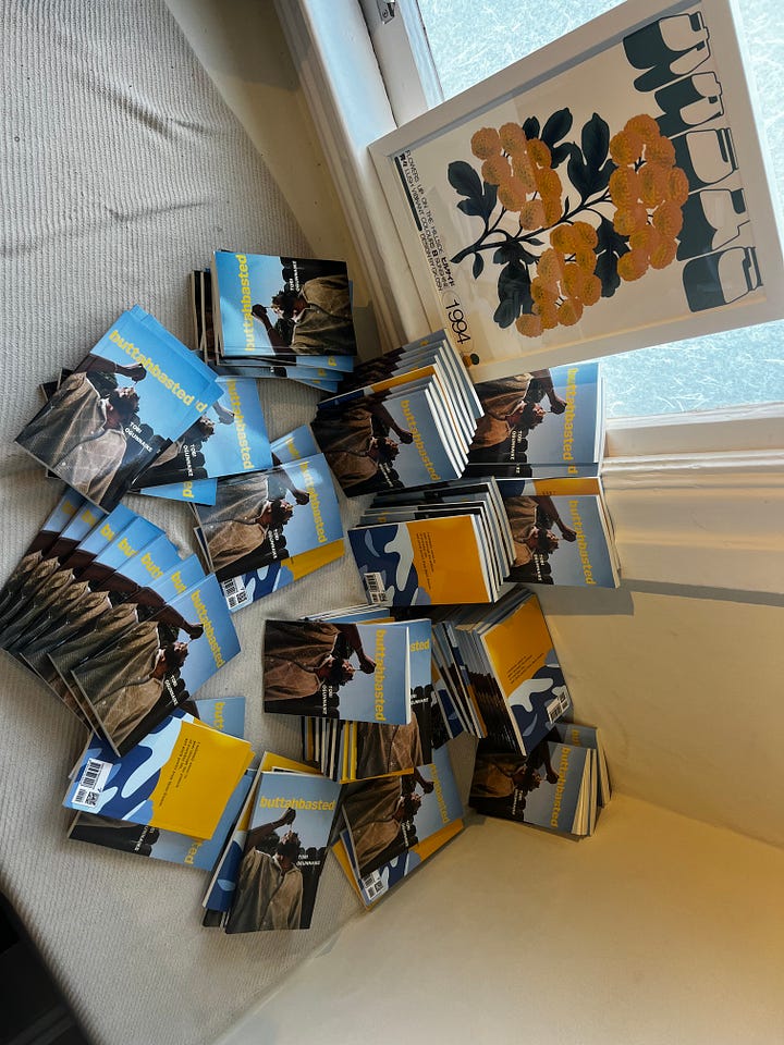 1st: picture of five books in accordion fan-out design 2) picture of 90 books spread out in dense pattern near the wall, also a poster of a yellow and green painting