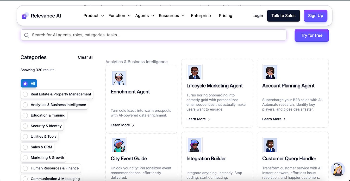 Relevance AI displays their templates with profile pictures and job titles.