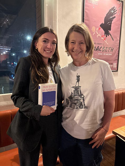 Pictures of Gail's work. Portrait of Cato Pedder, The models with The Raft Of The Medusa, Gail and Katie Hessel at her book launch, with Markus Bell in front of Amit Ghose's portrait, with Dungscape in progress, with the weaver I sketched in Marakech