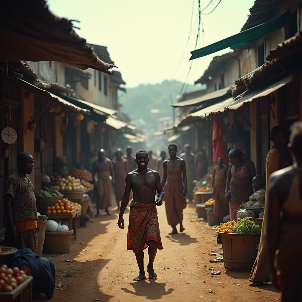 A thriving settlement of African merchants and traders in 18th century Kingston, Jamaica, 1703, as bustling market stalls and vibrant street life