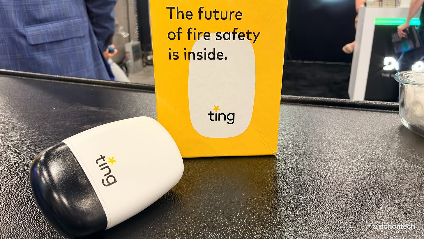 Ting smart home electrical fire prevention sensor on display at a technology event. Ting smart home electrical fire prevention sensor on display at a technology event.